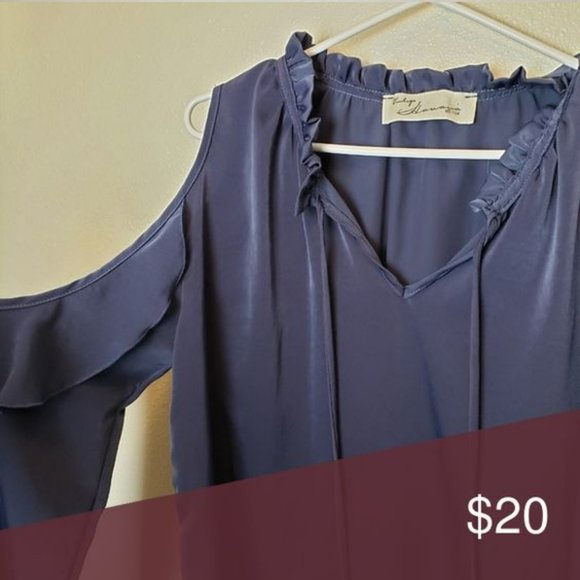 Vintage Havana Navy Open Cold Shoulder Ruffle Collar Size M Polyester Blouse Top - Picture 3 of 3